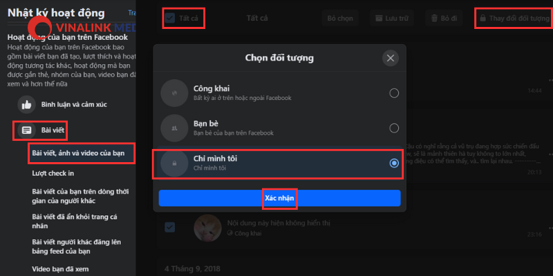 Bước 2: Nhấn chọn Hoạt động của bạn trên Facebook > Bài viết > Bài viết, ảnh và video của bạn.